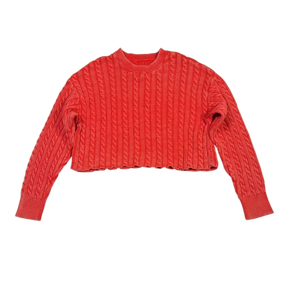 Aerie Women XL Coral Orange Cable Knit Cropped Sweater 100% Cotton Long Sleeve